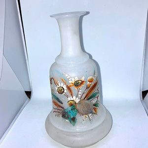 Victorian Hand painted flowers Rose bud vase Frosted Bristol Art glass  6 3/4"